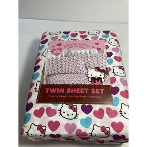 Hello Kitty Twin Sheet Set White Muilti Color Hearts Cotton Valentine's Day